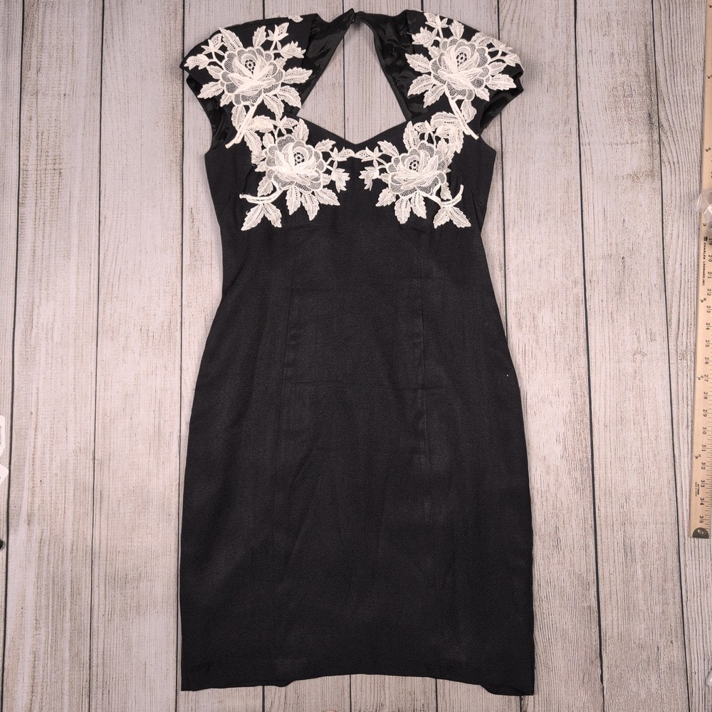 Vintage 80s NightWay Floral Lace Cocktail Dress Party Black Dress‎ Size 10